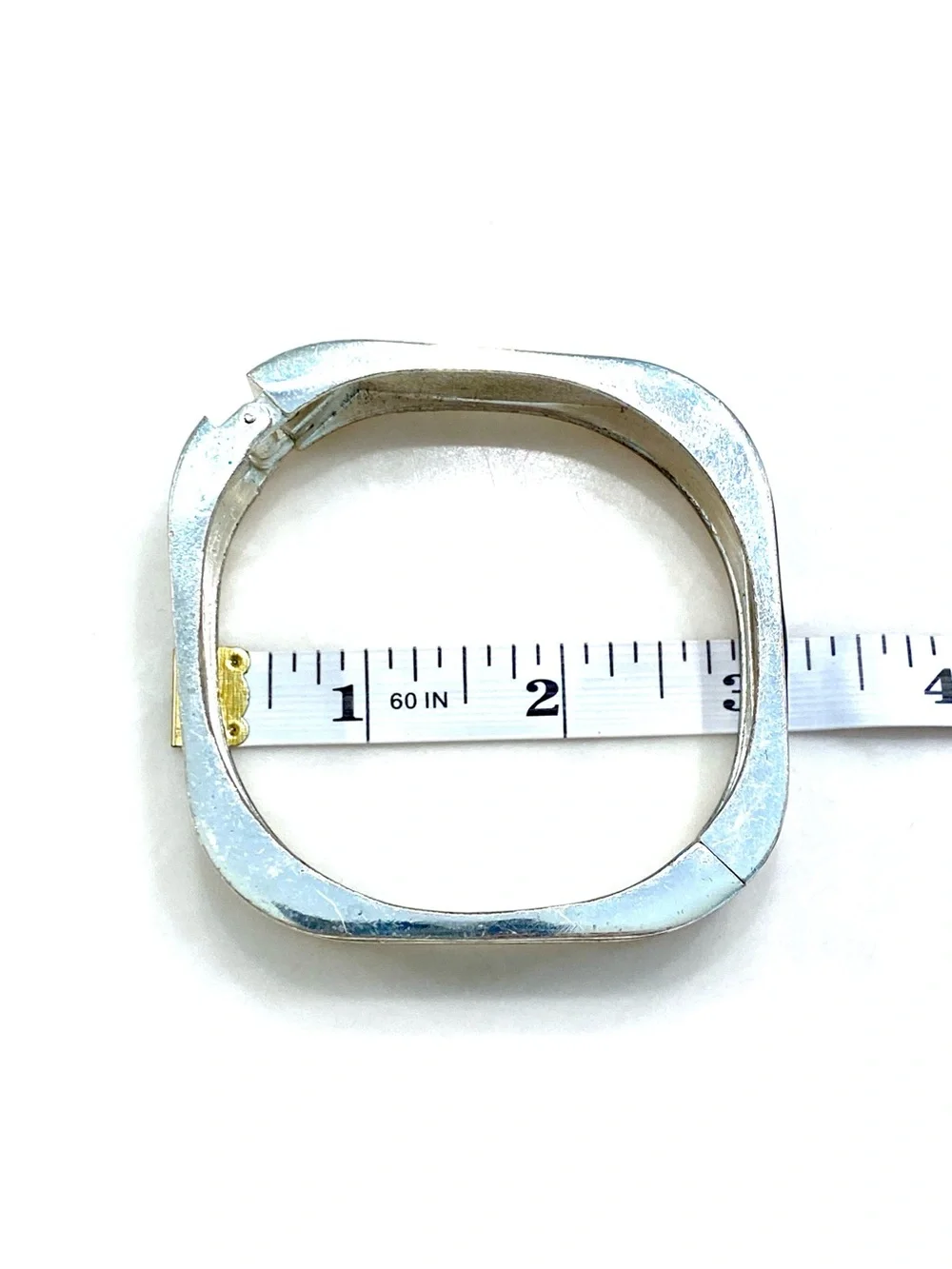 Vintage Silver Tone Square Black Enamel Hinged Bangle Bracelet Geometric Minimal